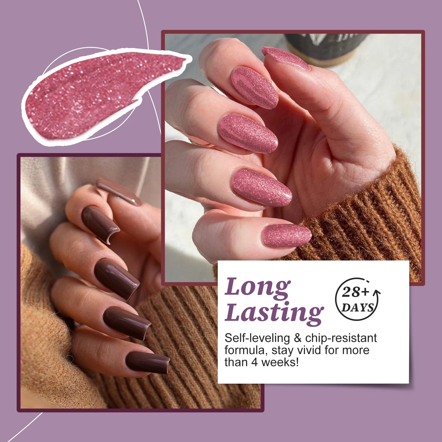 4x12ml Gel Nail Polish Kit, 4 Colors Dark Red Purple Brown Glitter Pink Soak Off UV LED Nail Gel Set for Salon Manicure Nail Art