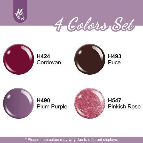 4x12ml Gel Nail Polish Kit, 4 Colors Dark Red Purple Brown Glitter Pink Soak Off UV LED Nail Gel Set for Salon Manicure Nail Art