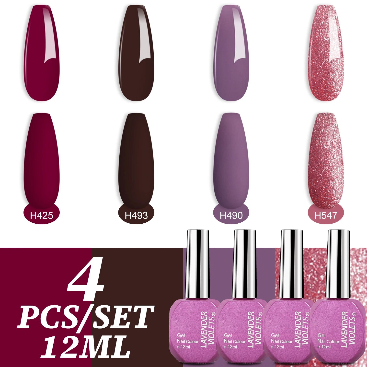 4x12ml Gel Nail Polish Kit, 4 Colors Dark Red Purple Brown Glitter Pink Soak Off UV LED Nail Gel Set for Salon Manicure Nail Art